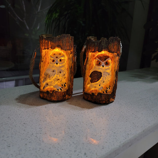 Resin Solar Stump Owl Lawn Night Light