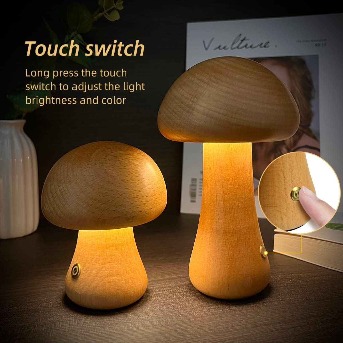 Houten Schattige Paddenstoel LED Nachtlamp met Aanraakschakelaar
